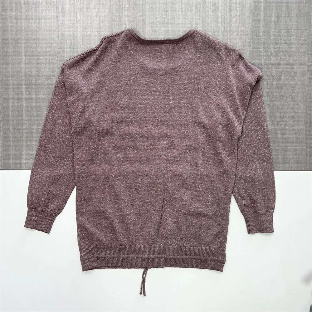 Women's Mauve Textured Knit Sweater (Crew Neck, Patch Pockets & Drawstring Hem)