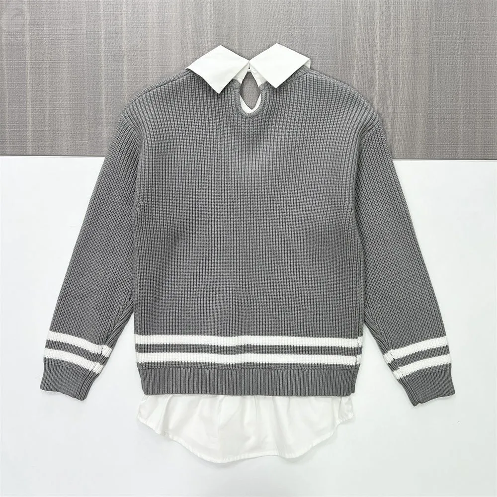 Women's Grey Rib-Knit Layered Shirt-Collar Sweater with Brand Embroidered Detail