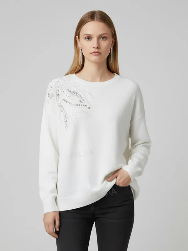 Women's White Knit Sweater with Shimmery Floral & Feather Shoulder Embellishment