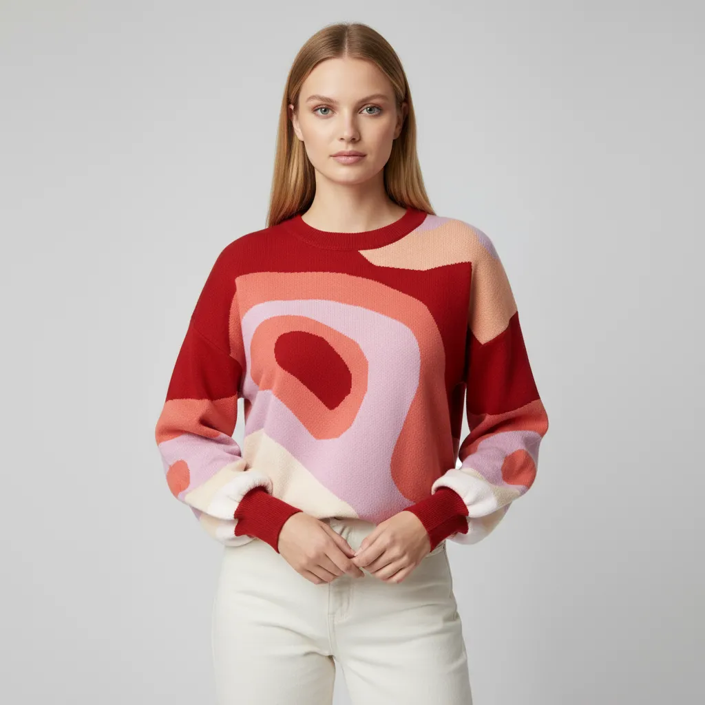 Women's Multi-Color Abstract Pattern Knit Sweater (Red & Pastel Tones)