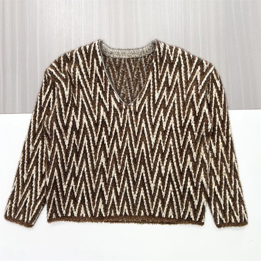 Women's Brown & Cream Chevron Knit Sweater (V-Neck, Fluffy Texture)
