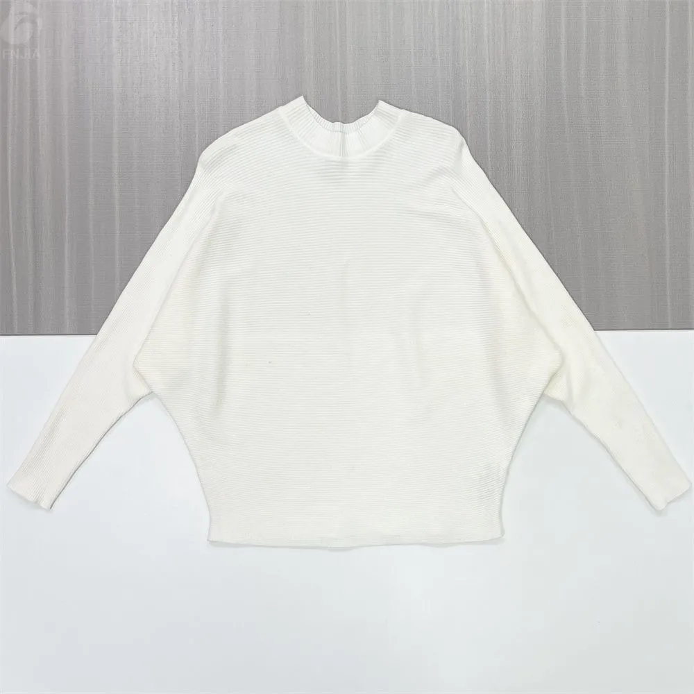 Women's White Rib-Knit Poncho Sweater (Mock Neck, Oversized Batwing Fit)