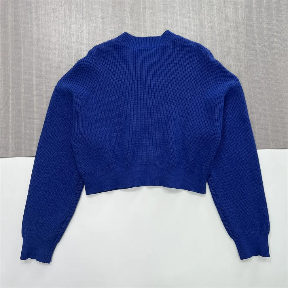 Women's Royal Blue Rib-Knit Cropped Sweater (Crew Neck, Oversized Puff Sleeve)
