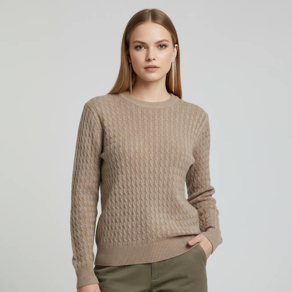 Women's Taupe Cable-Knit Crew Neck Sweater (Textured Pattern)