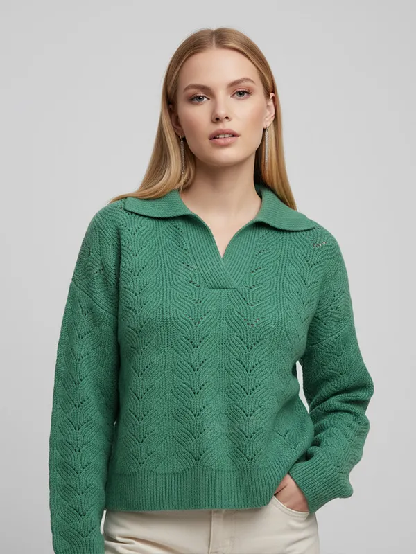 Women's Green Openwork Knit Cropped Sweater with Polo Collar
