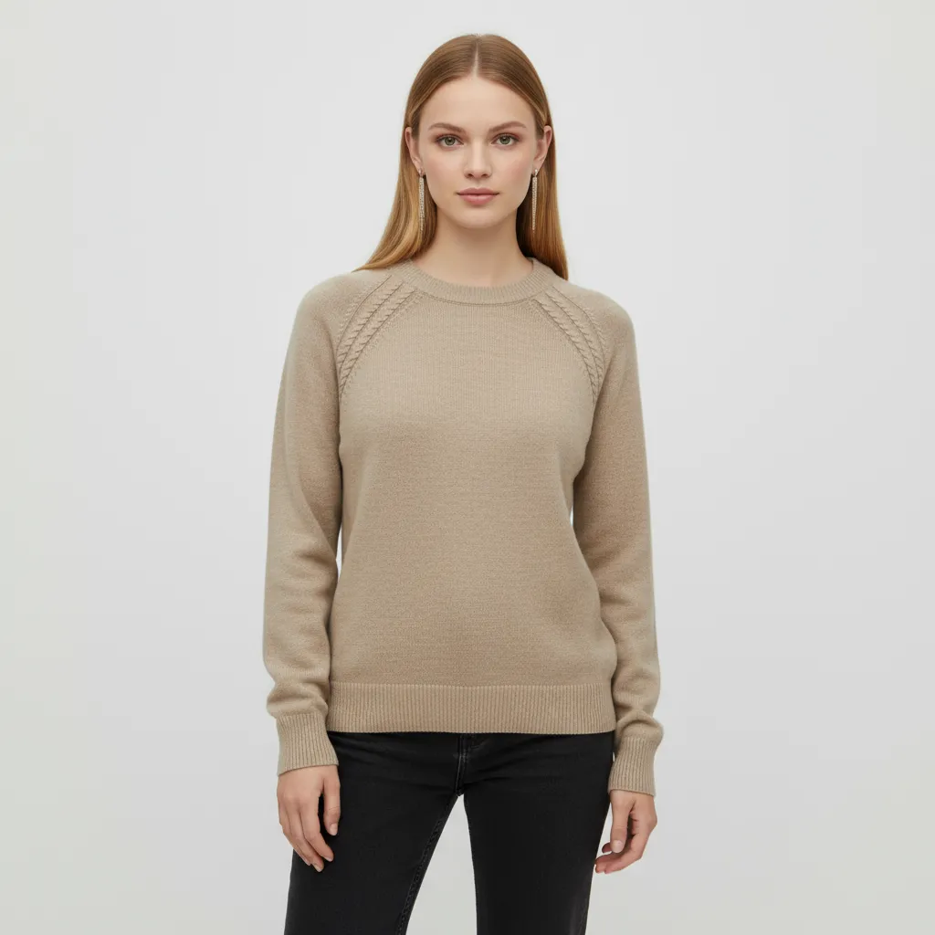 Women's Beige Crew Neck Knit Sweater (Shoulder Cable Detail, Slim-Fit Design)