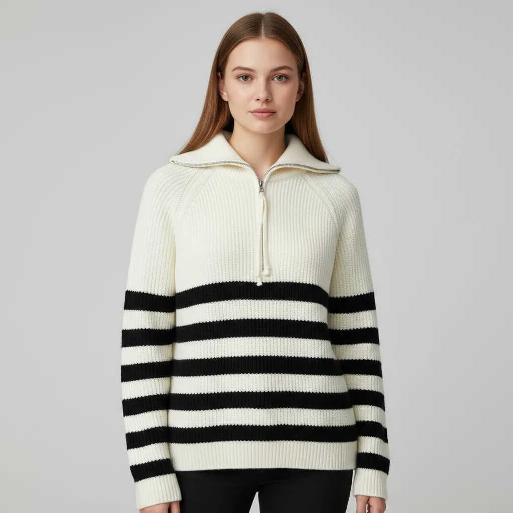 Women's Ivory & Black Striped Rib-Knit Quarter-Zip Polo Collar Sweater