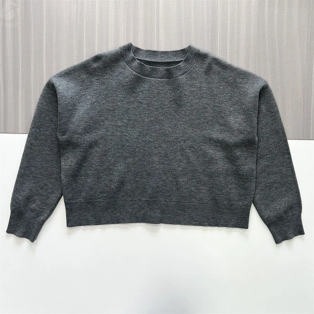 Women's Heather Grey Cropped Knit Sweater (Crew Neck, Relaxed Oversized Fit)