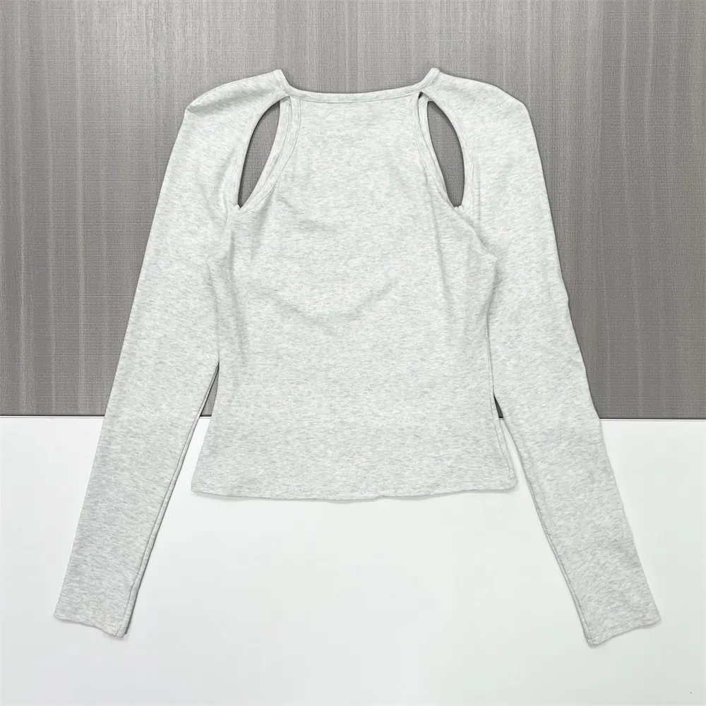 Women's Light Grey Rib-Knit Sweater (Crew Neck, Cut-Out Shoulder Detail)