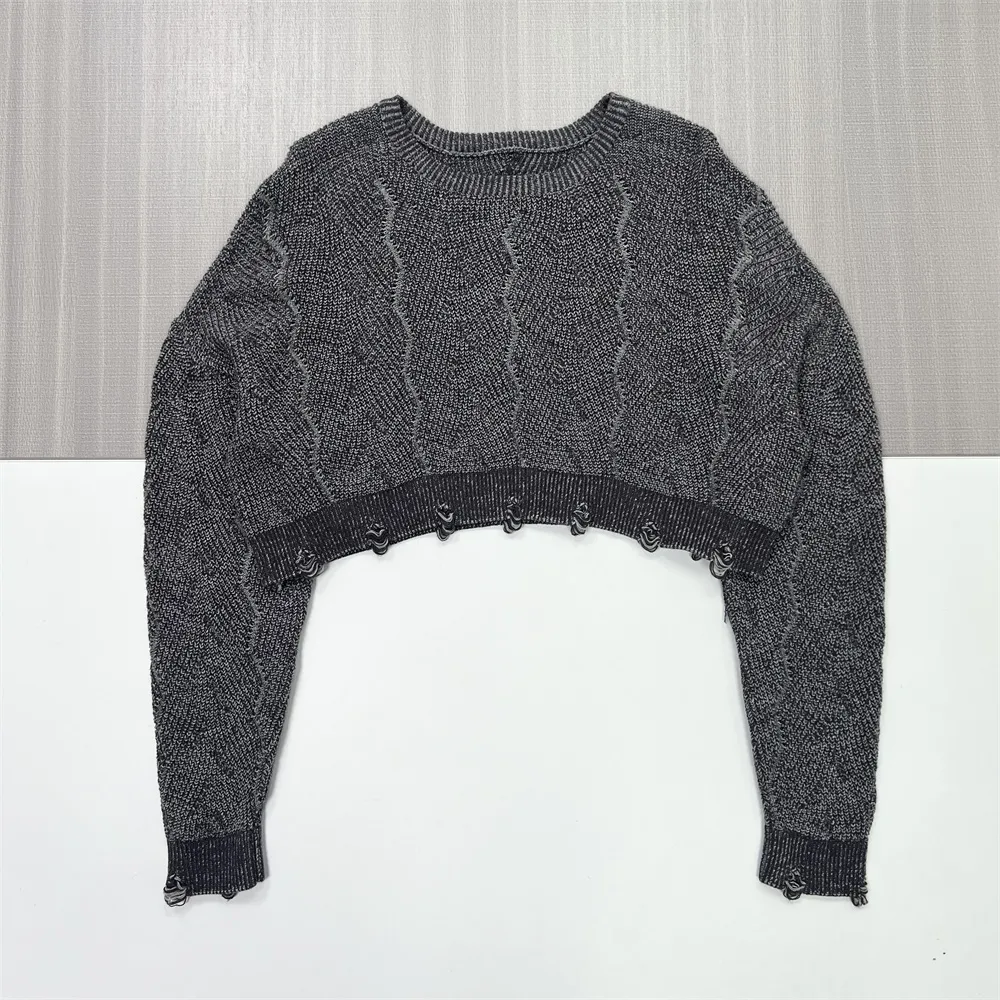 Women's Charcoal Cable-Knit Cropped Sweater with Drawstring Hem Detail