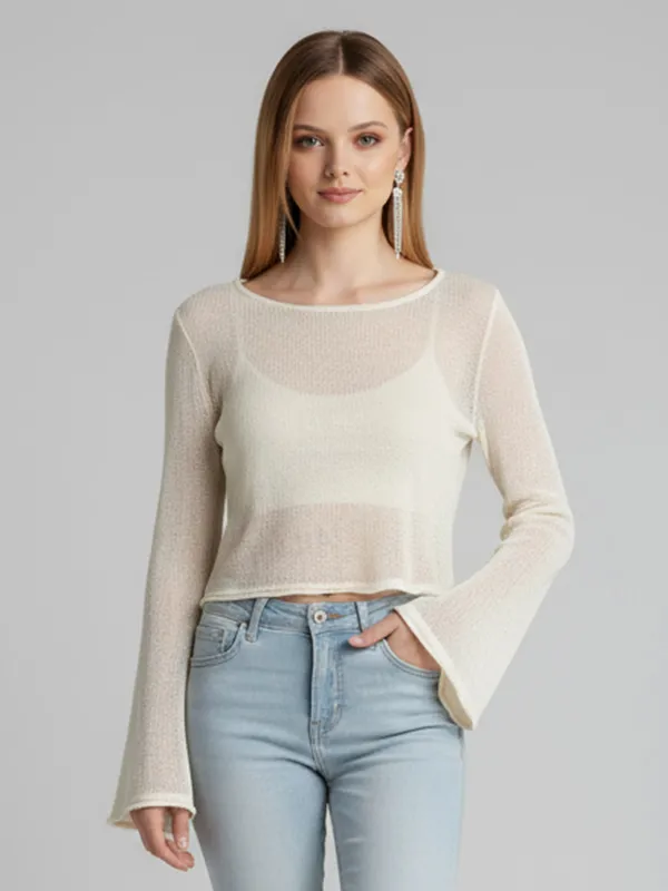 Women's Ivory Sheer Knit Top (Crop Fit, Flared Bell Sleeves & Boat Neck)