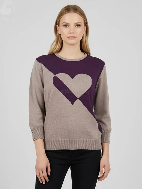 Women's Taupe & Plum Color-Block Heart Knit Sweater (Crew Neck, Button-Cuff 3/4 Sleeve)