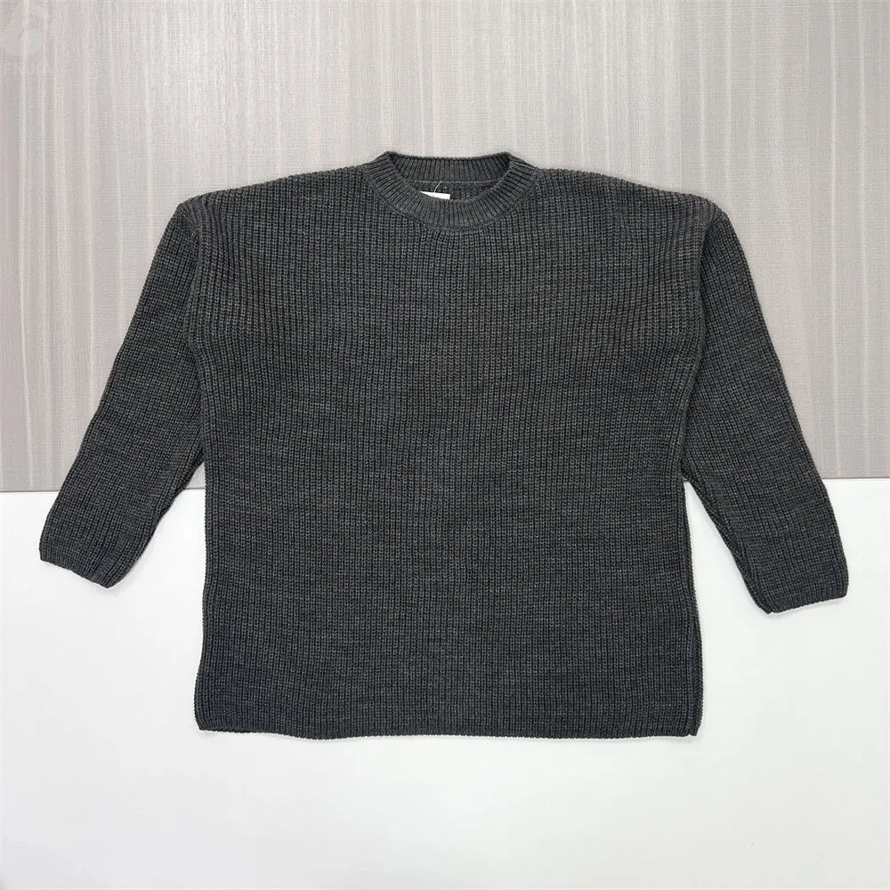 Women's Charcoal Rib-Knit Sweater (Crew Neck, Oversized 3/4 Sleeve Design)