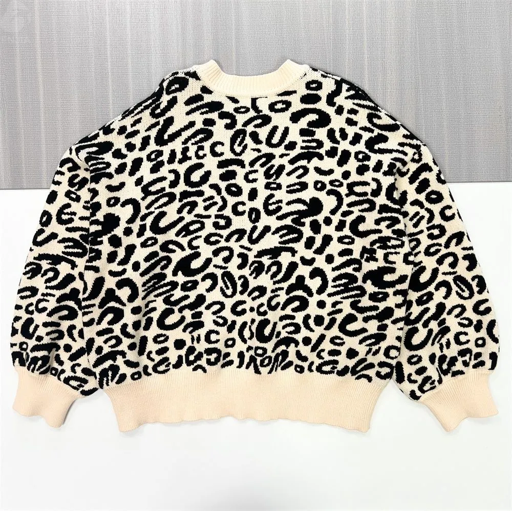 Women's Cream & Black Leopard Print Knit Sweater (Crew Neck, Oversized Puff Sleeve)