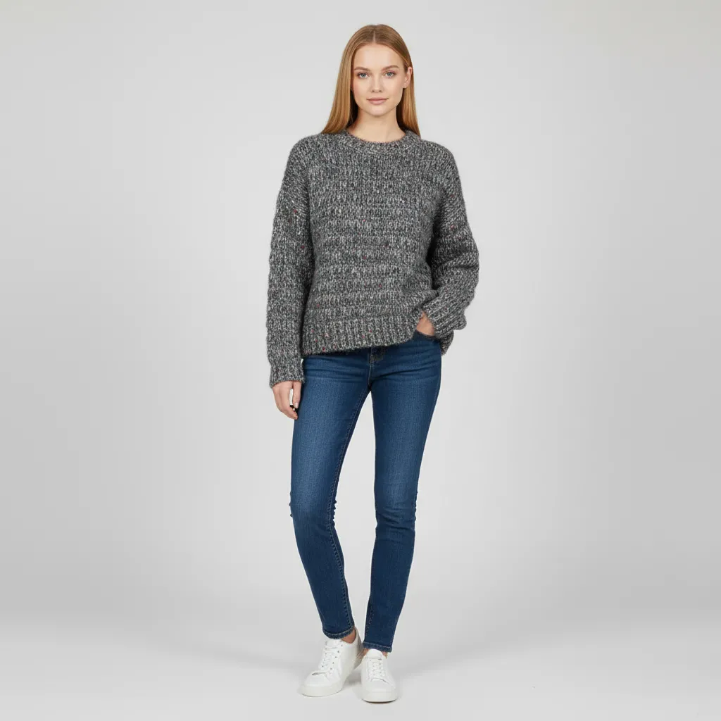 Women's Speckled Grey Knit Sweater (Oversized Fit, Textured Fabric & Crew Neck)