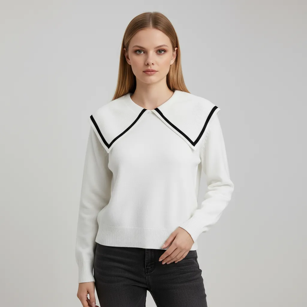 Women's White Sailor Collar Knit Sweater with Black Contrast Trim