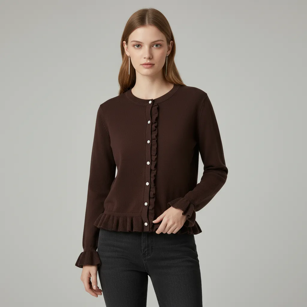 Women's Burgundy Ruffled Knit Cardigan (Round Neck, Button-Front & Ruffled Hem/Sleeves)