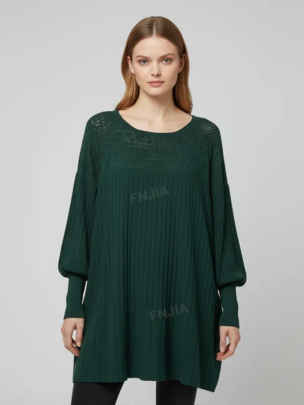 Women's Forest Green Knit Tunic (Oversized Fit, Pleated Sleeves & Openwork Detail)
