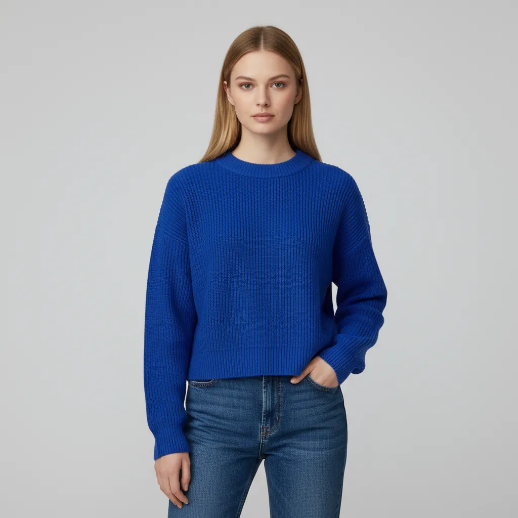 Women's Royal Blue Rib-Knit Cropped Sweater (Crew Neck, Oversized Puff Sleeve)