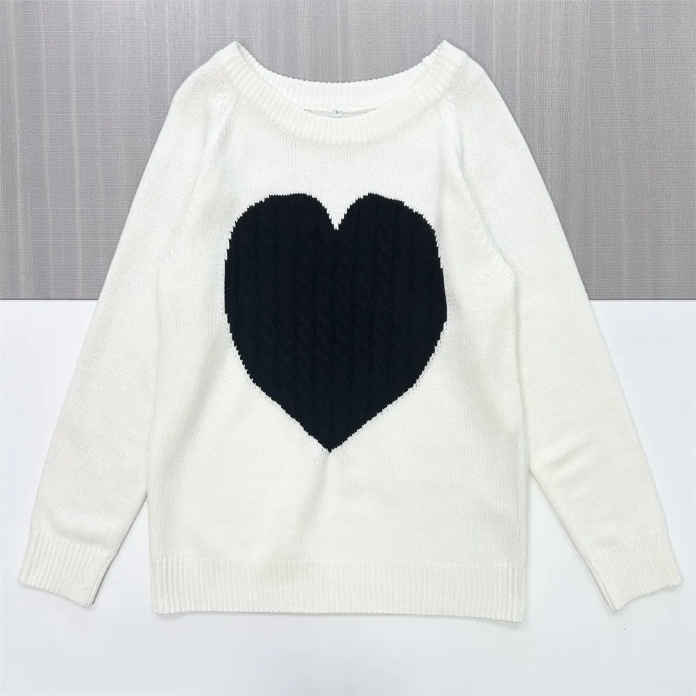 Women's White & Black Heart Cable-Knit Sweater (Crew Neck, Relaxed Fit)