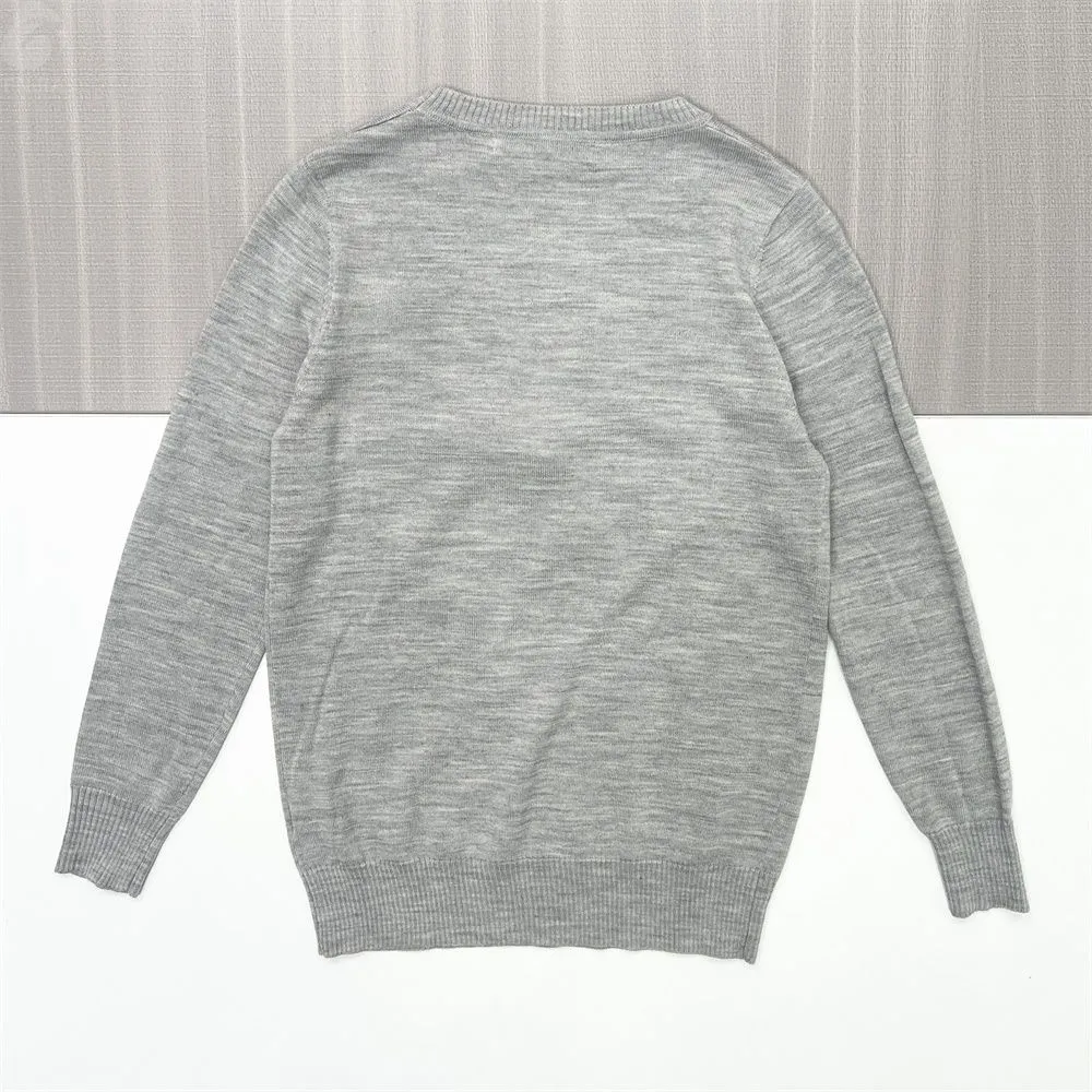 Women's Heather Grey Cat Embellished Knit Sweater (Crew Neck, Playful Beaded Design)