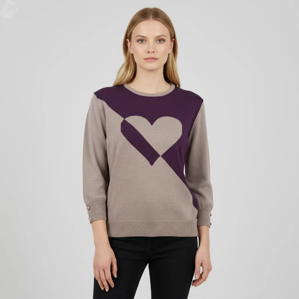 Women's Taupe & Plum Color-Block Heart Knit Sweater (Crew Neck, Button-Cuff 3/4 Sleeve)