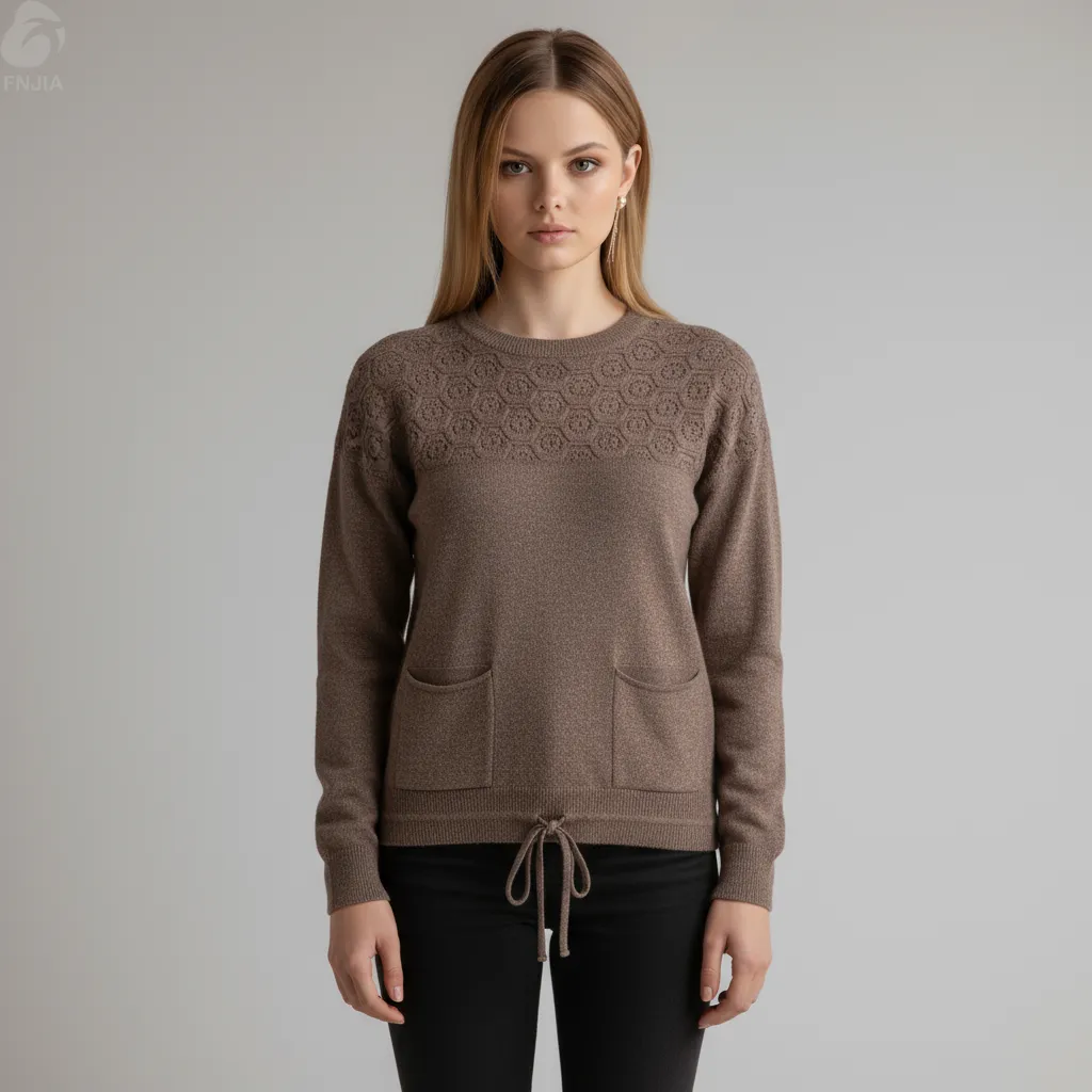 Women's Taupe Openwork Knit Sweater (Crew Neck, Drawstring Waist & Patch Pockets)
