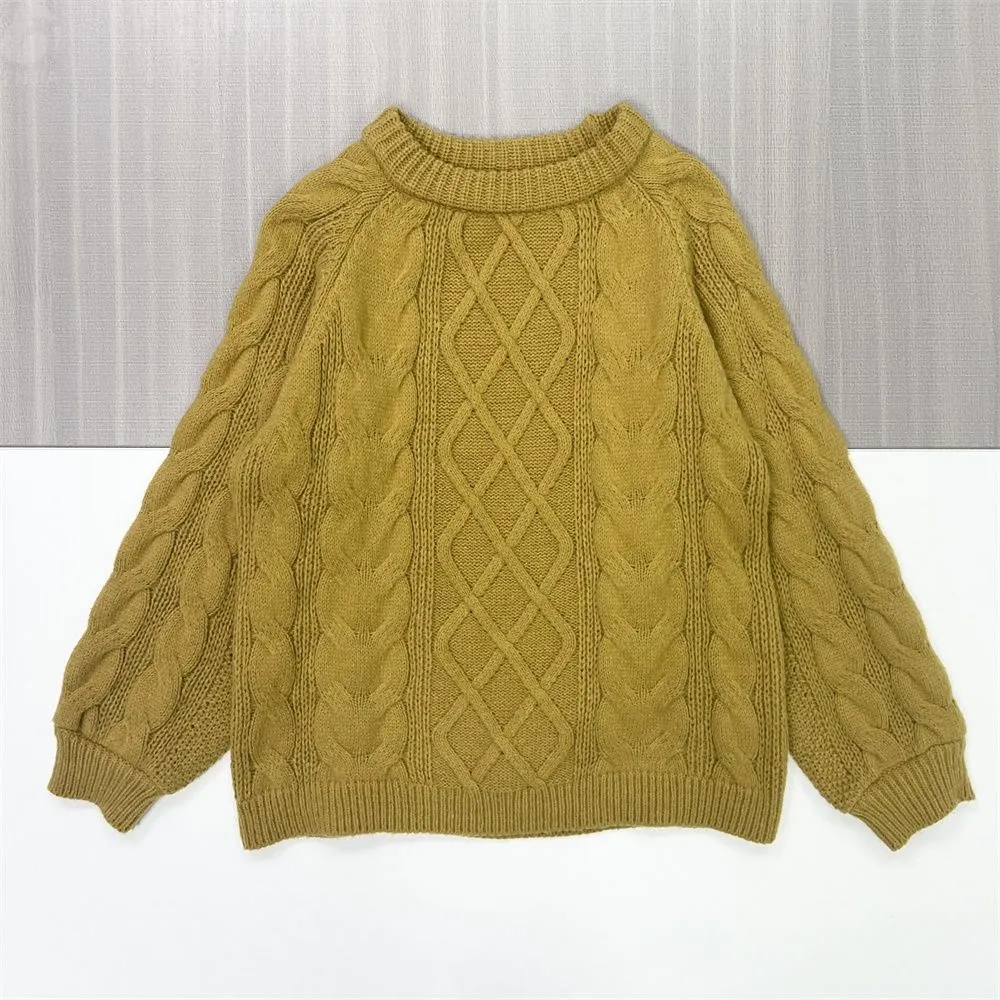 Women's Mustard Cable-Knit Sweater (Diamond Pattern, Relaxed Fit)