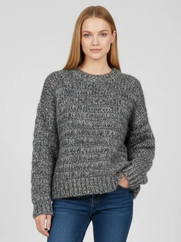 Women's Speckled Grey Knit Sweater (Oversized Fit, Textured Fabric & Crew Neck)