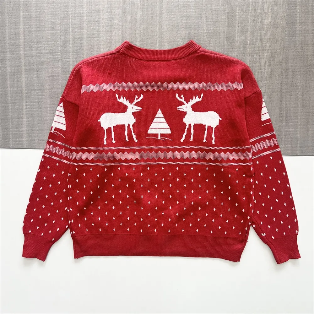 Women's Red Christmas Reindeer & Tree Print Knit Sweater