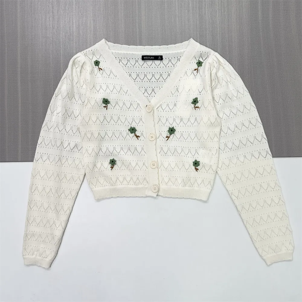 Women's White Openwork Knit Cardigan with Mini Floral Embroidery (Cropped Fit)