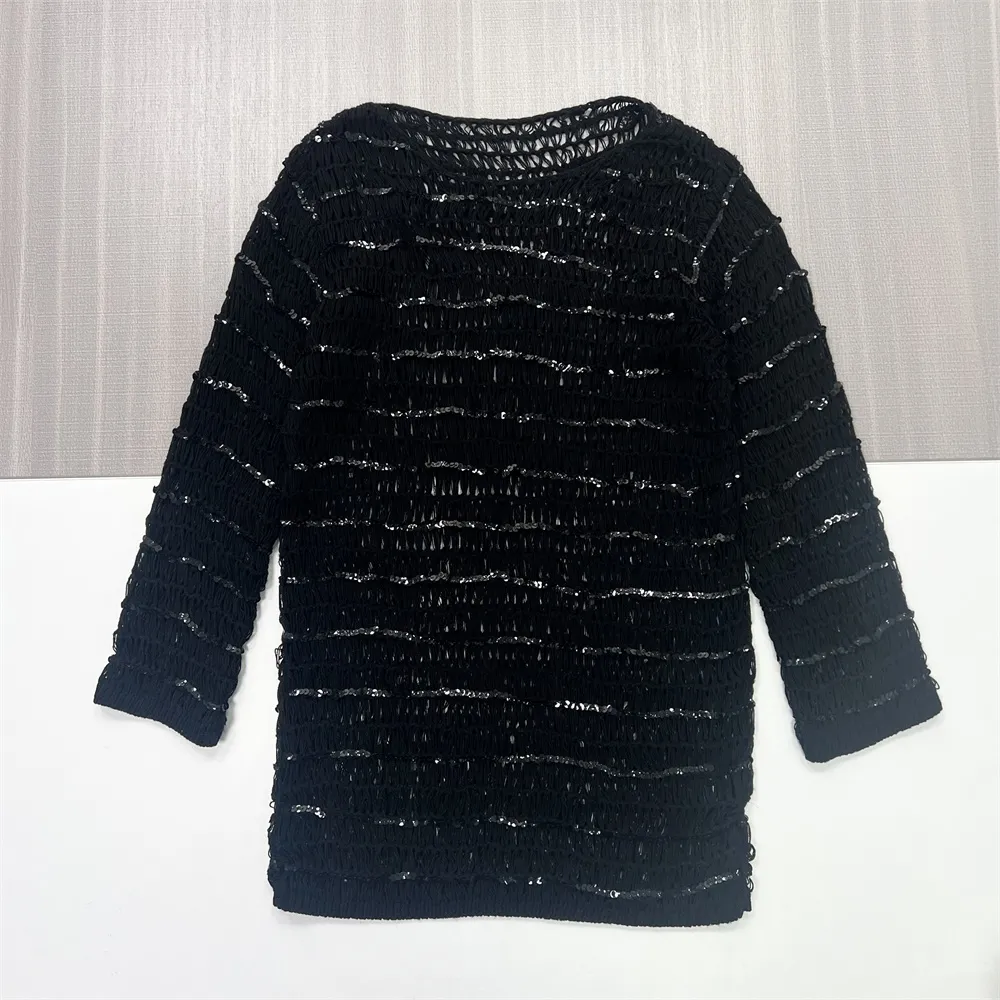 Women's Black Sequin-Striped Knit Tunic (Sheer Openwork, Crew Neck & 3/4 Sleeve)