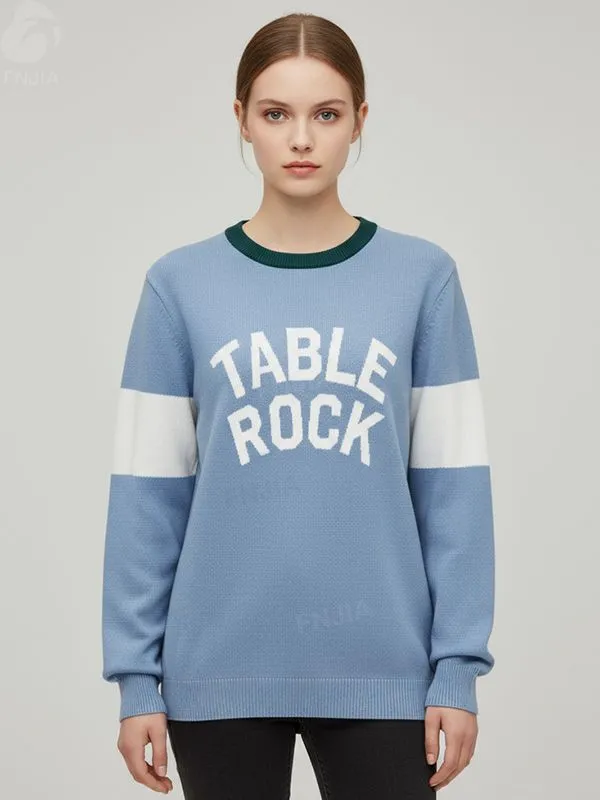 Women's Light Blue Varsity Graphic Knit Sweater (Crew Neck, Contrast Striped Sleeve)