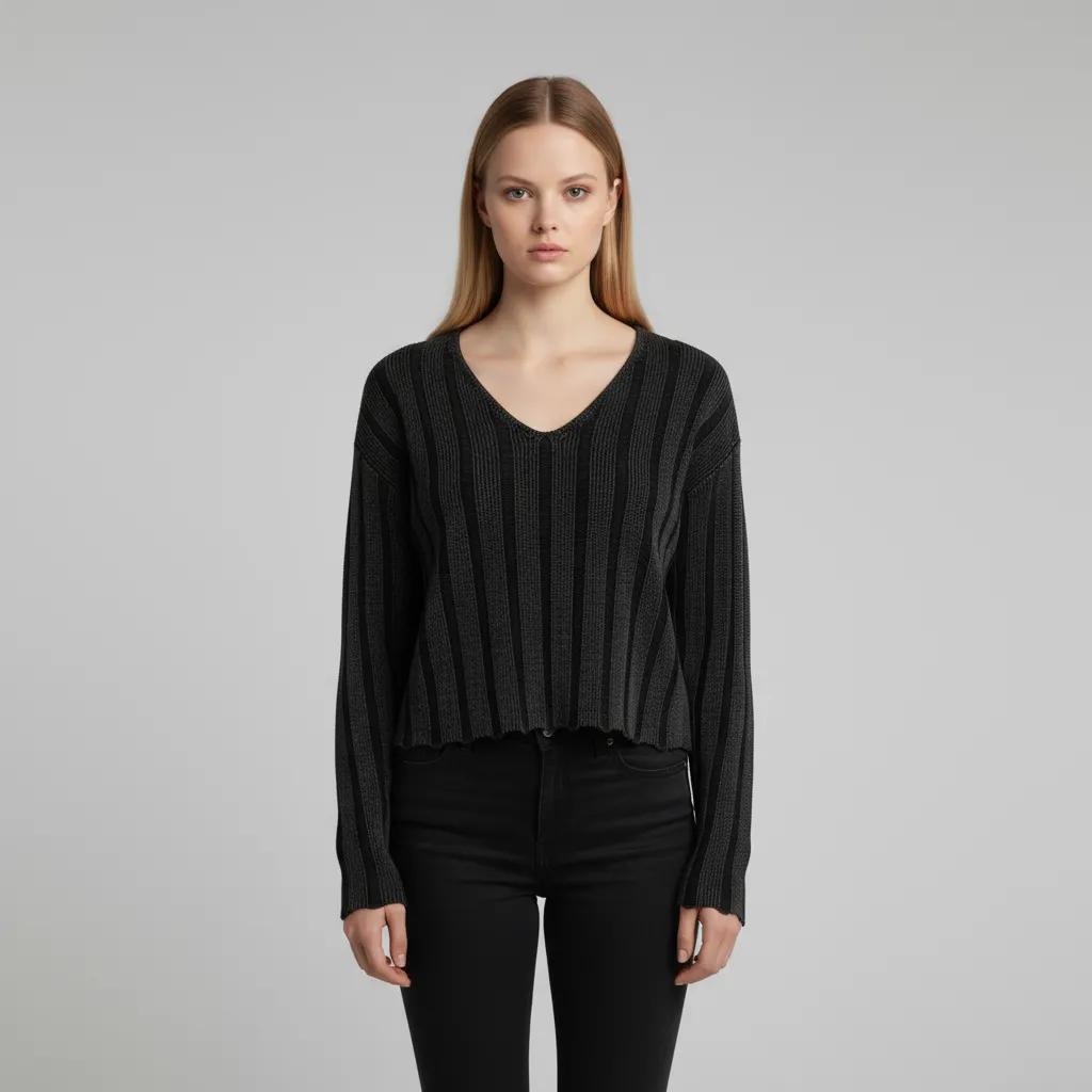 Women's Charcoal Striped Rib-Knit V-Neck Cropped Sweater