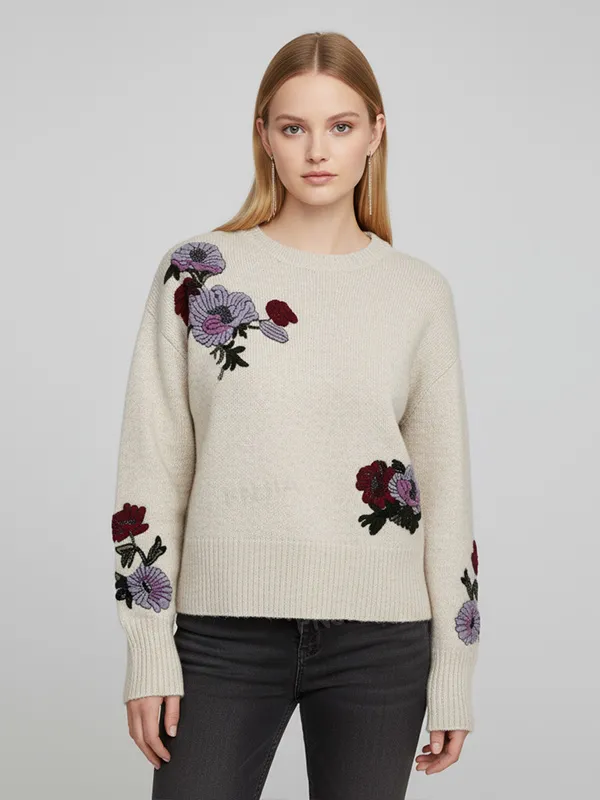 Women's Beige Knit Sweater with Floral Embroidery (Purple & Red Motif)