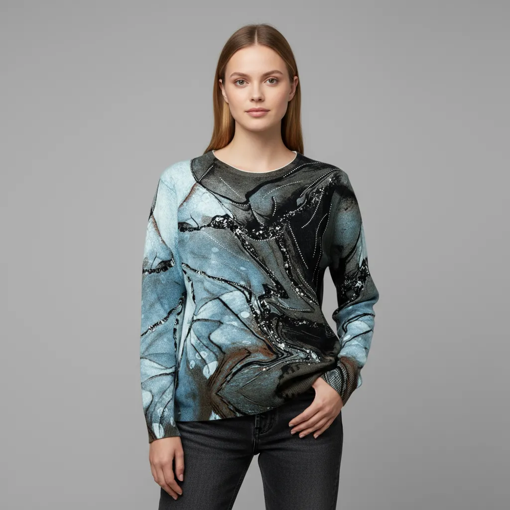 Women's Marble Pattern Knit Sweater with Sequin & Bead Embellishments