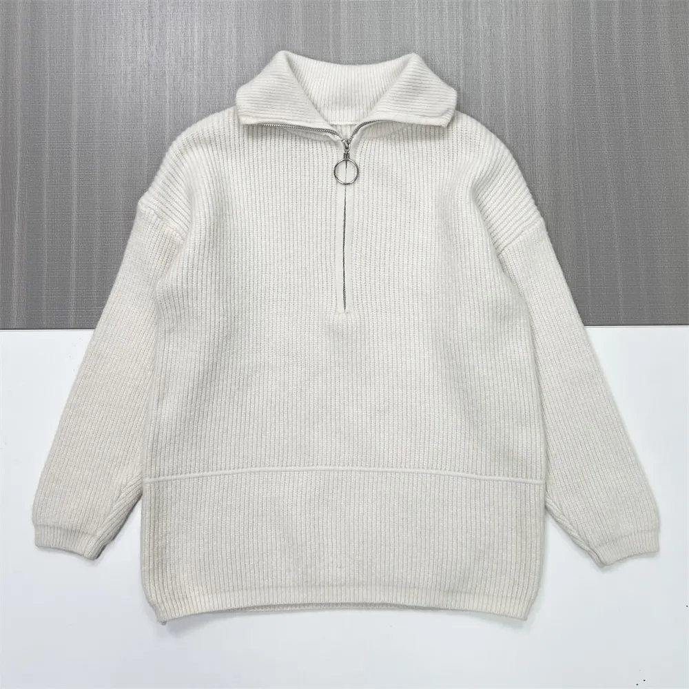 Women's Ivory Rib-Knit Quarter-Zip Polo Collar Sweater with Ring Detail