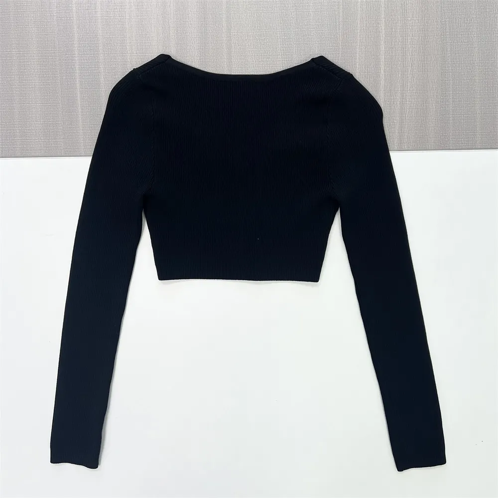 Women's Black Rib-Knit V-Neck Cropped Sweater (Slim-Fit Long Sleeve)