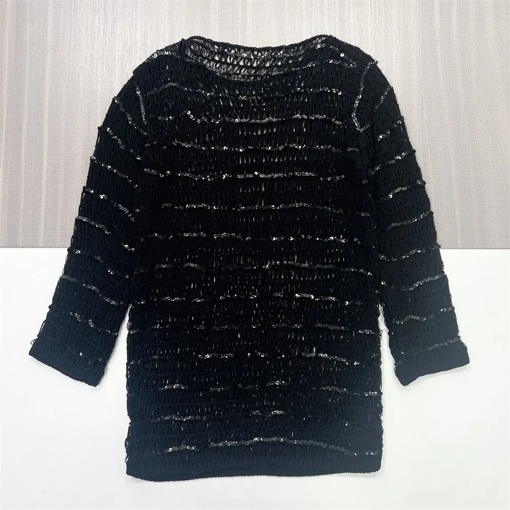 Women's Black Sequin-Striped Knit Tunic (Sheer Openwork, Crew Neck & 3/4 Sleeve)