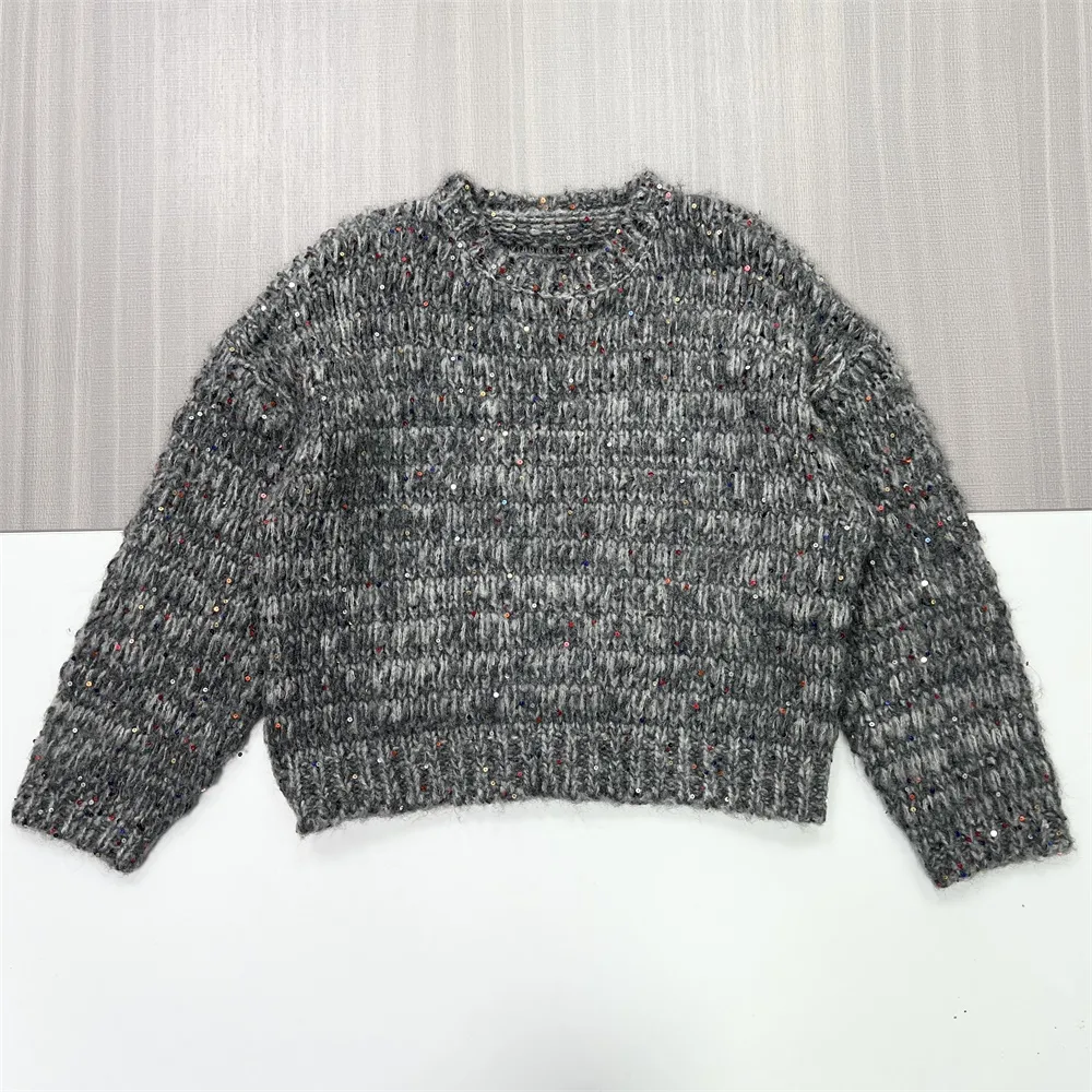 Women's Speckled Grey Knit Sweater (Oversized Fit, Textured Fabric & Crew Neck)