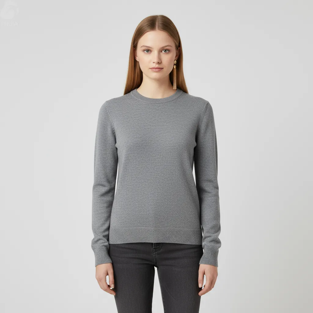 Women's Heather Grey Crew Neck Knit Sweater (Slim Fit, Minimalist Design)