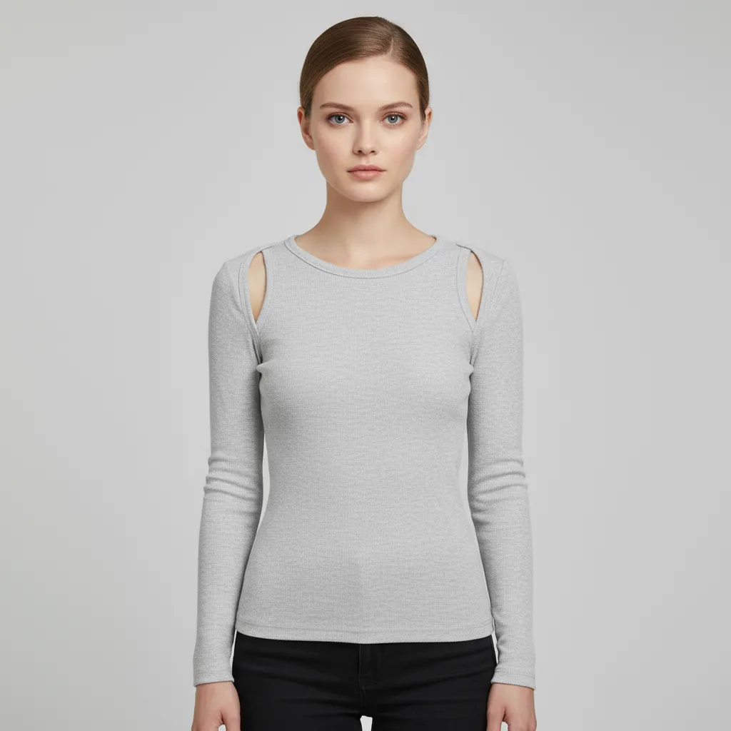 Women's Light Grey Rib-Knit Sweater (Crew Neck, Cut-Out Shoulder Detail)