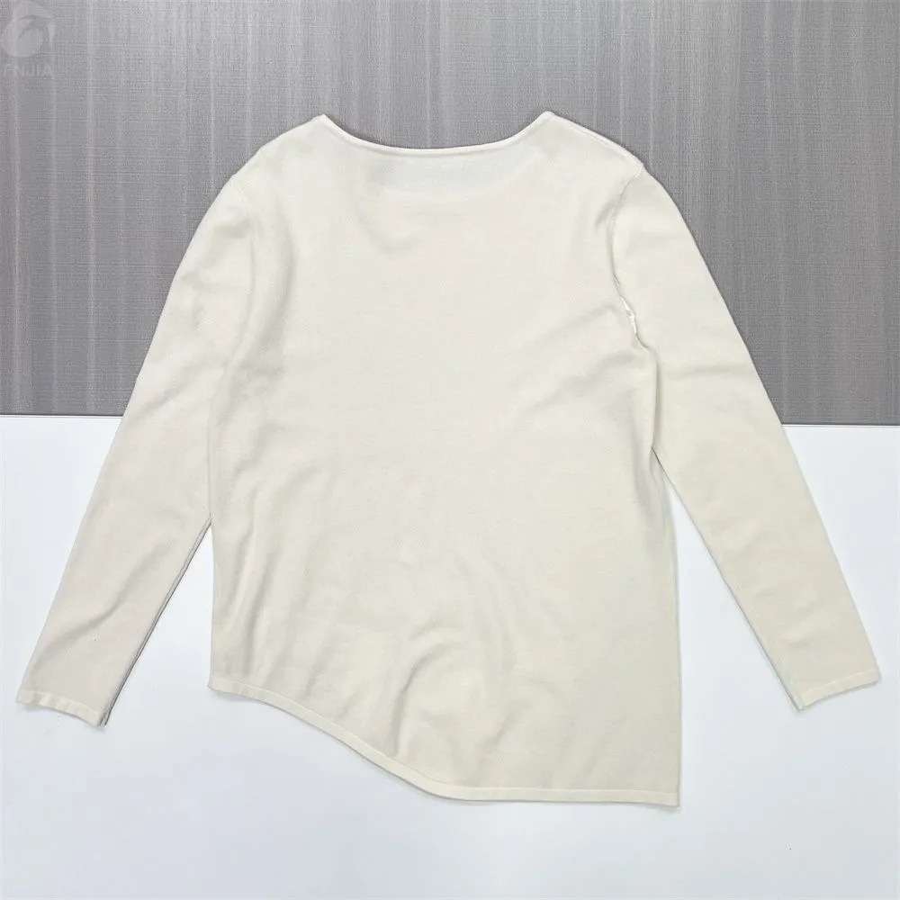 Women's Cream Asymmetric Hem Knit Top (Boat Neck, Long Sleeve)