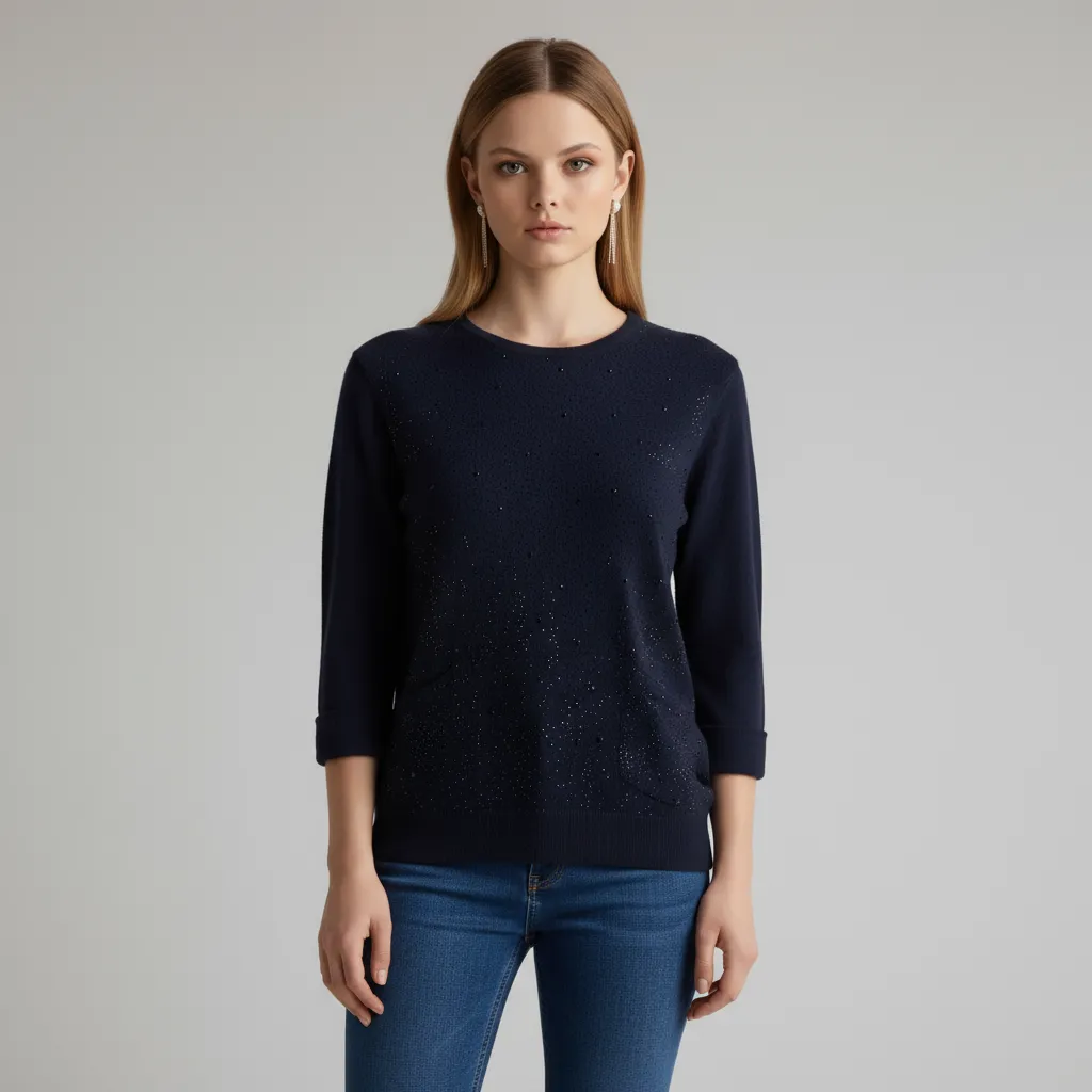 Women's Navy Sequin-Embellished Knit Sweater (Crew Neck, 3/4 Sleeve & Patch Pockets)