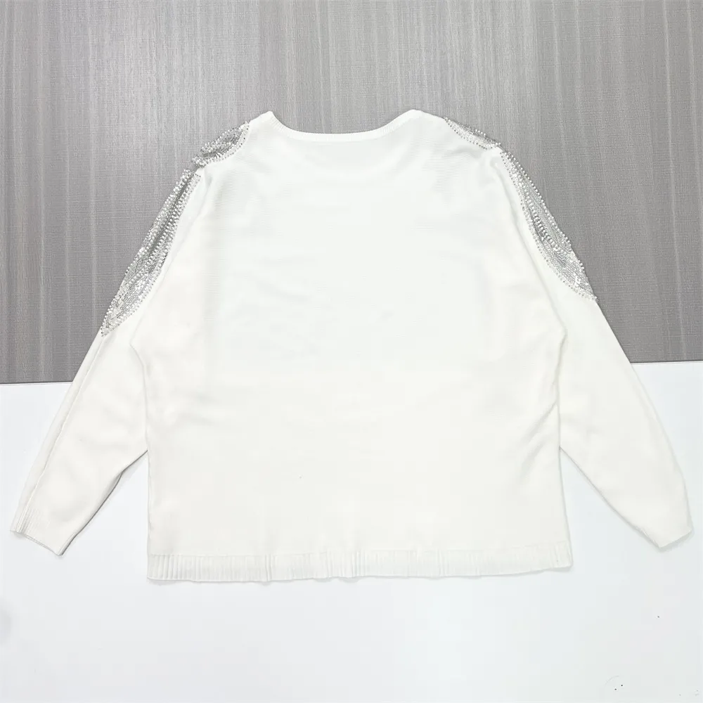 Women's White Knit Sweater with Shimmery Palm Leaf Shoulder Embellishments