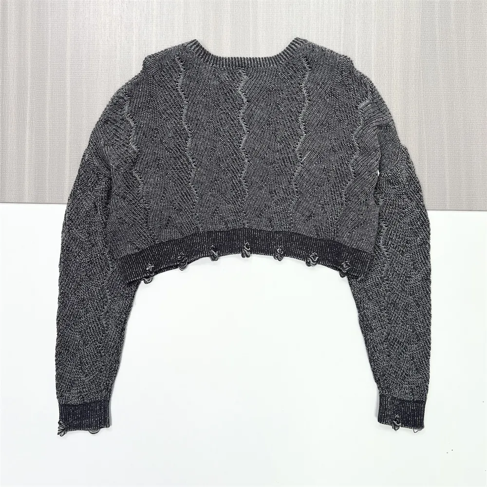 Women's Charcoal Cable-Knit Cropped Sweater with Drawstring Hem Detail