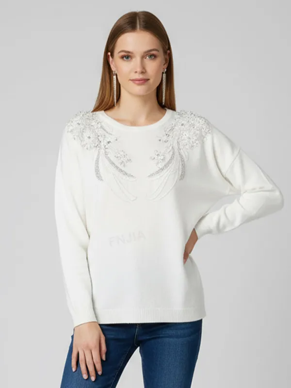 Women's White Knit Sweater with Elegant Shoulder & Chest Embellishments