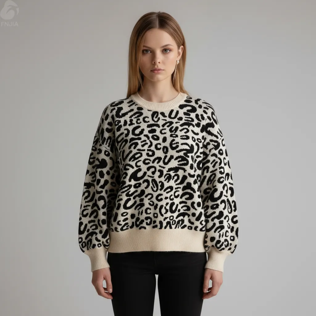 Women's Cream & Black Leopard Print Knit Sweater (Crew Neck, Oversized Puff Sleeve)