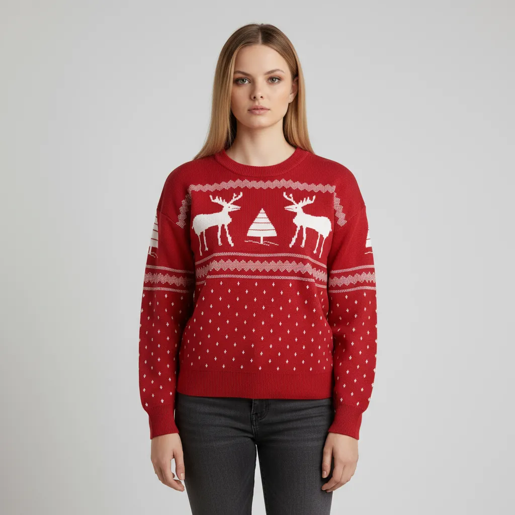 Women's Red Christmas Reindeer & Tree Print Knit Sweater