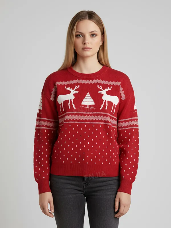Women's Red Christmas Reindeer & Tree Print Knit Sweater